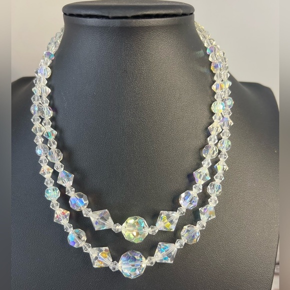 Vintage Double Stranded Aurora Borealis Glass Bead Necklace 16” D12 - Picture 1 of 5